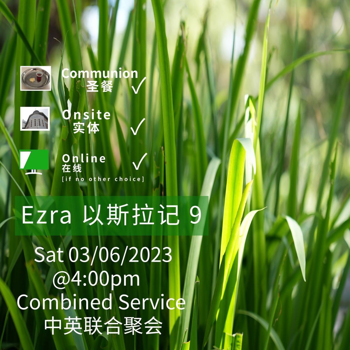 Worship: Sat 03/06/2023 @4:00pm Combined Worship Service 联合崇拜聚会. 以斯拉记 Ezra 9